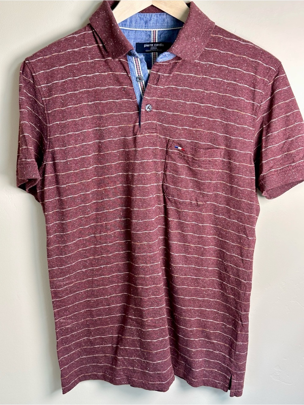 Pierre Cardin Men’s Medium Polo Shirt Maroon Striped Short Sleeve Pocket